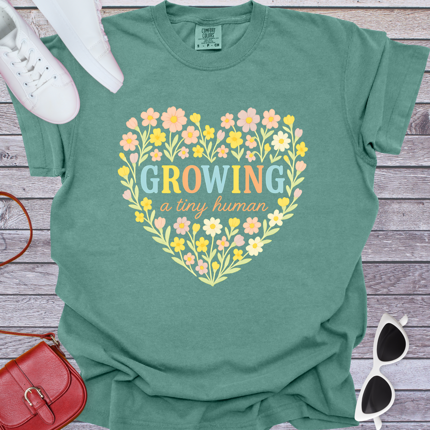 Growing a Tiny Human Floral Heart T-Shirt