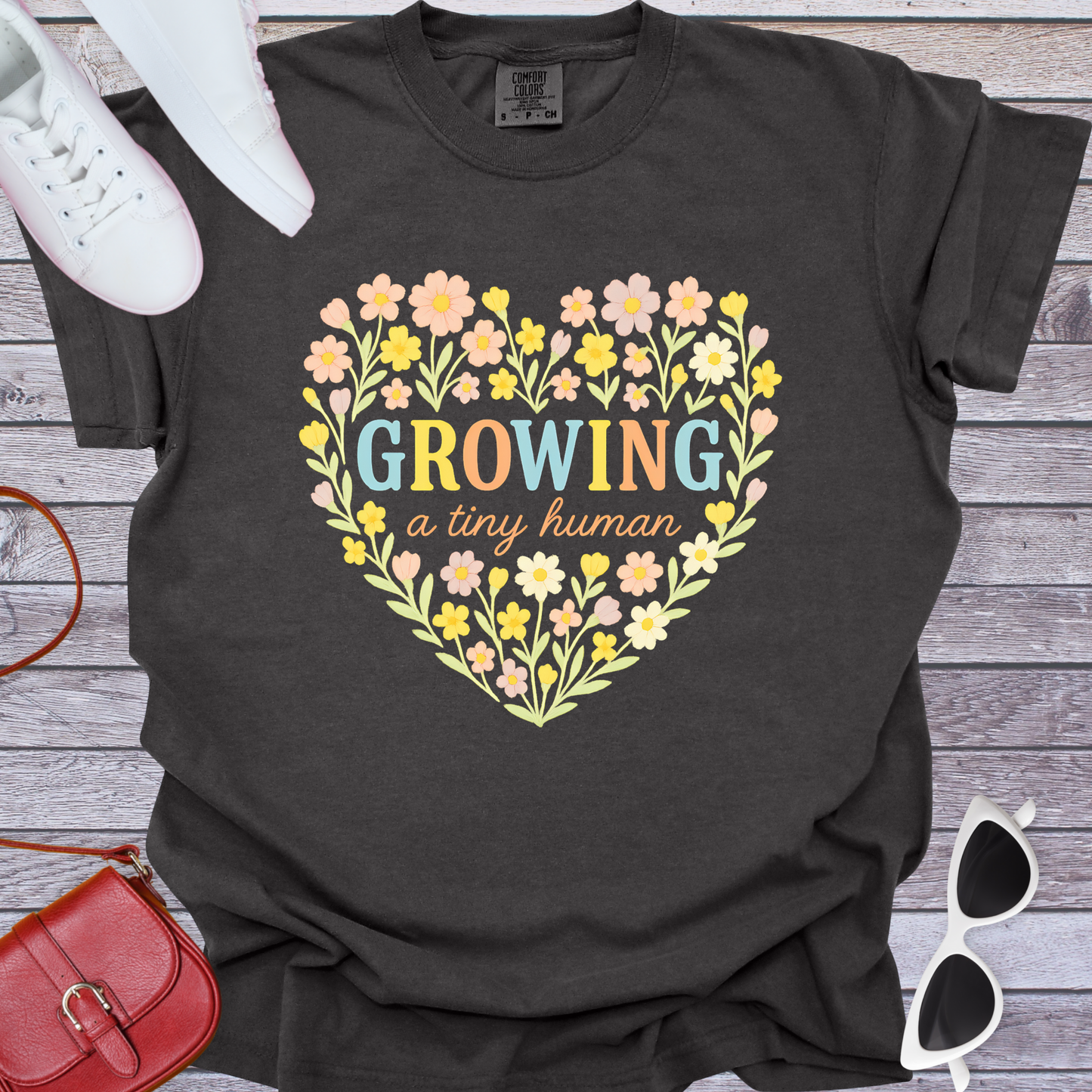 Growing a Tiny Human Floral Heart T-Shirt